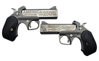 bond arms, 250th rough series, derringer, 45 colt/410 bore, 2.5" chamber, 4.25" 250th anniversary engraved flat barrel, stainless steel, silver,...