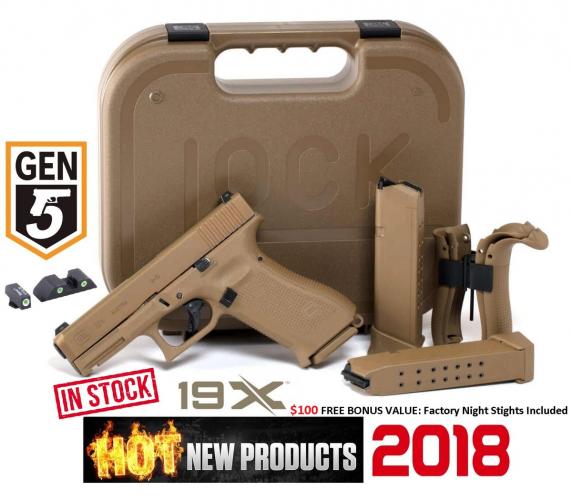 Glock, 19X, Safe Action, Compact Size Pistol, 9MM, 4.01" Marksman Barrel, Coyote Polymer Frame, Coyote Slide, Coyote Magazines, Coyote Box, 2-19Rd