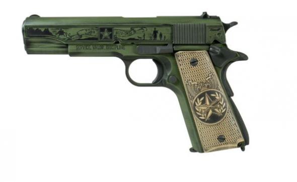 tisas, 1911 a1, semi automatic, 45 acp, 5" barrel, green "us army 205th" finish, fixed sights, right hand, 7 round capacity
