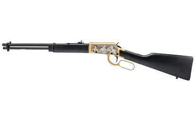 rossi, rio bravo, ronald regan, lever action, 22lr, 18" barrel, engraved cerakote gold receiver, black wood stock, drift adjustable front with...