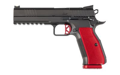 dan wesson, dwx, semi automatic, 9mm, 4.95" barrel, black dlc finish, red aluminum grips, optics ready, adjustable fiber optic sights, ambidextrous,...