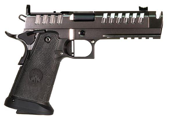 watchtower firearms, apache, semi automatic, 9mm, 4.6" threaded barrel with compensator, pvd finish, black and graphite, optics ready, fiber optic...