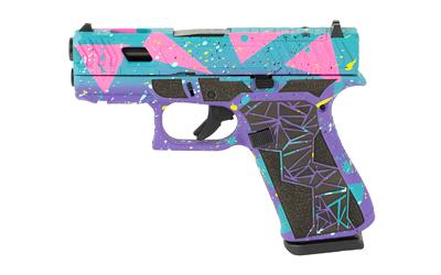 glock, g43x, 80''s day, semi automatic, 9mm, 3.41" barrel, purple/cyan/pink cerakote finish, optics ready slide, fixed sights, 10 round capacity