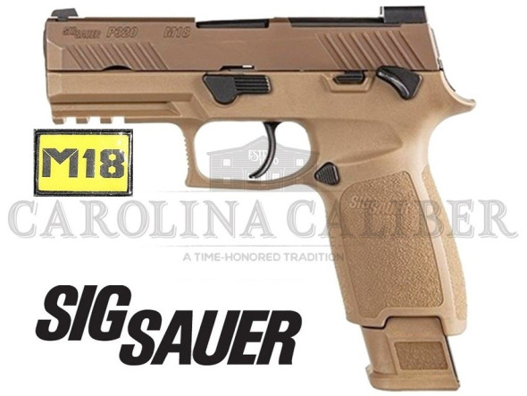 sig sauer, p320, m18, 9mm, 3.9" barrel, pvd finish, coyote tan, siglite night sights, manual thumb safety, optics ready, 3 magazines, 21 rounds