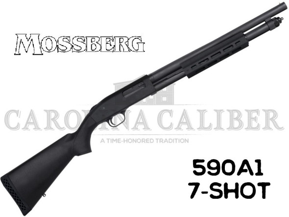 mossberg, 590a1, security mil-spec, pump action, 12 gauge, 3" chamber, 18.5" heavy wall barrel, parkerized black finish, synthetic stock with m-lok...