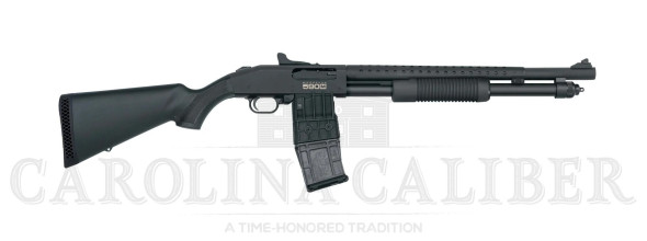 mossberg, 590m, mag-fed, pump action shotgun, 18.5" barrel, heat shield, 3" chamber, accuchoke, matte blued finish, synthetic stock, ghost-ring...