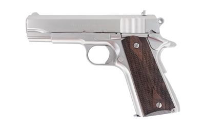 tisas, 1911 tank commander, semi automatic, 9mm, 4.25" barrel, nickel finish, fixed sights, wood grips, manuel safety, right hand, 9 round capacity