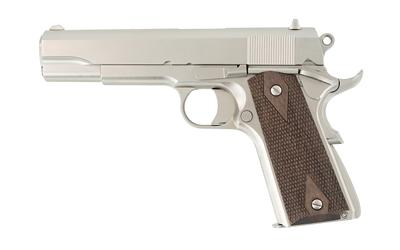 tisas usa, 1911 a1 stakeout, semi automatic, 9mm, 5" barrel, nickel finish, walnut grips, fixed sights, right hand, 9 round capacity, includes 38...