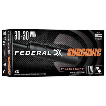 federal fusion subsonic rifle ammunition, .30-30 win, 170gr, soft point, 1000 fps, 20 rounds