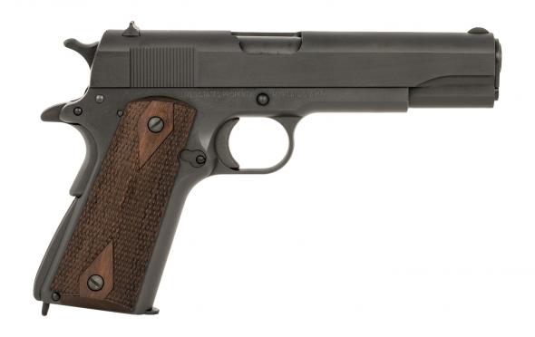tisas usa, 1911a1, us army, semi automatic, 45 acp, 5" barrel, black manganese phosphate finish, checkered wood grips, iron sights, 7 round capacity