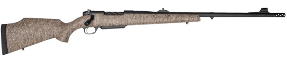 weatherby, mark v dangerous game, bolt action, 375 h&h mag, 24" barrel, black cerakote finish, black webbed tan synthetic monte carlo stock, iron...