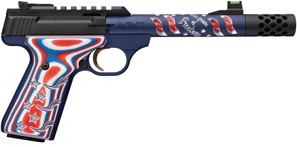 browning, buck mark 250 freedom vision, semi automatic, 22 long rifle, 5.9" waving flag threaded barrel, blue anodized finish, red/white/blue g10...