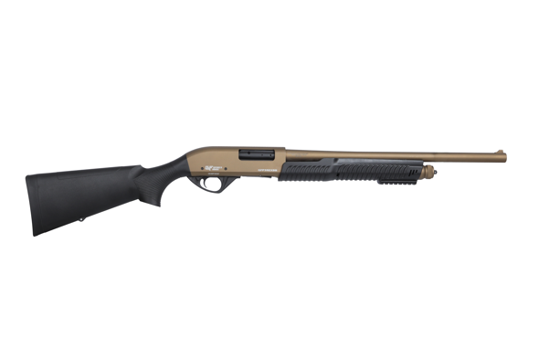 gforce arms, gf3p, pump action, 12 gauge, 18.5" barrel, 3" chamber, burnt bronze finish, black synthetic stock, bead sight, right hand, 4 round...