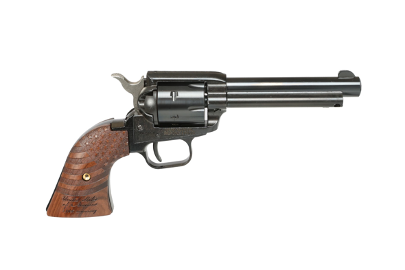 heritage, rough rider, single action revolver, 22 long rifle, 4.75" barrel, black finish, 250th engraved wood grips, fixed sights, 6 round