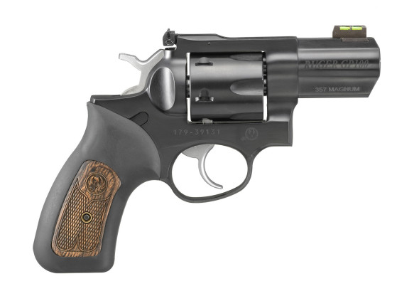 ruger, gp100, revolver, 357 magnum, 2.5" barrel, blued finish, rubber grips with wood inlay, green hiviz fiber optic front sight and adjustable rear...