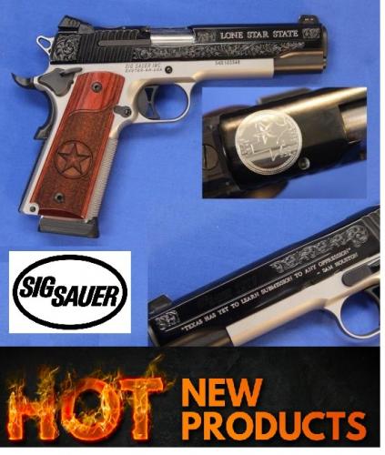 SIG 1911 Texas Silver Star .45 ACP 5 Inch Barrel Polished Blue Slide and Stainless Frame Silver Star On Slide Texas Star Grip 8 Round