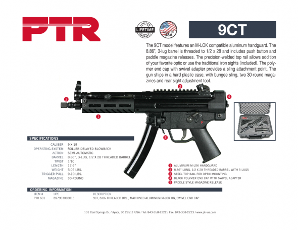 PTR 601 HK MP5 / SP5K Clone 9CT 9MM, 8.86' Threaded Barrel, Steel Frame, Black Finish, 30Rd, 3 Lug Barrel, Aluminium M-LOK Handguard, Welded Scope Mount