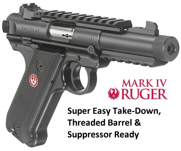 Ruger, Mark IV, Tactical, Semi-automatic, 22LR, 4.4" Threaded Barrel, Alloy Frame, Blue Finish, Checkered Synthetic Grips, 2-10Rd Magazines, Picatinny Rails on Top and Bottom of Barrel, Adjustable Rear Sight