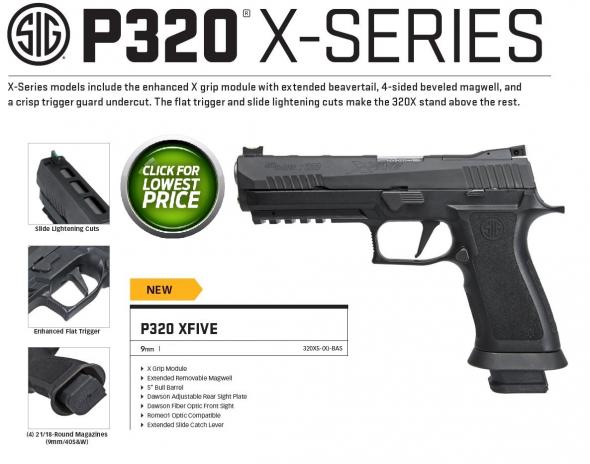 Sig Sauer, P320 X5, Semi-Automatic Pistol, Full Size, 9MM, 5" Barrel, Polymer Frame, Modular Poly X Grip, Fiber Front & Adjustable Rear Sights, Nitron Stainless Steel Slide with Lighting Cuts, Straight X-Series Trigger, 4 21 Round Magazines