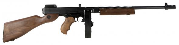 thompson t1dh 1927-a1 deluxe semi-automatic 45 automatic colt pistol (acp) 18" barrel, 10+1 round, drum american walnut stock blued