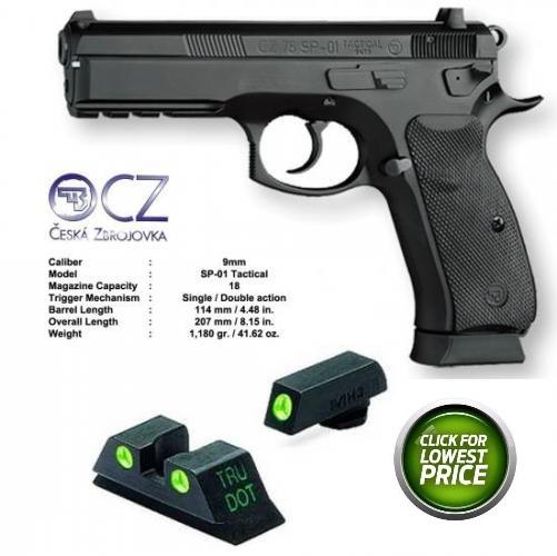 UPGRADED CZ 75 SP-01 Tactical w Night Sights 9mm 4.6 Inch Barrel Integral Rail Black Polycoat Finish Steel Frame 18 Round