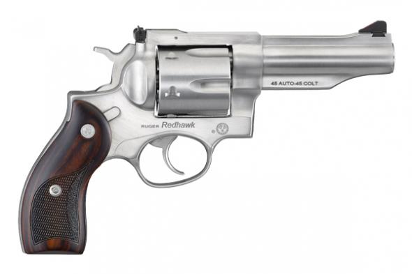 ruger, redhawk, double action, 45 acp,45 lc, 4.2" barrel, 6 round, lasered hardwood grips, satin stainless steel finish