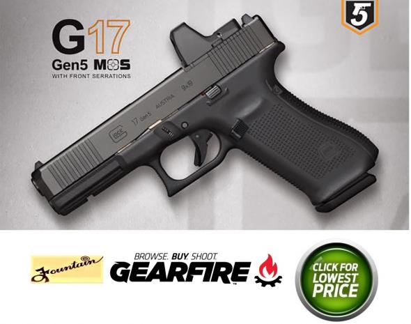 Glock, G17 Gen5 M.O.S., Striker Fired, Full Size, 9MM, 4.49" Marksman Barrel, Polymer Frame, Matte Finish, Fixed Sights, 17Rd, 3 Magazines, Front Serrations, Ambidextrous Slide Stop Lever, Flared Mag Well, nDLC Finished Slide and Barrel, No Finger Grooves