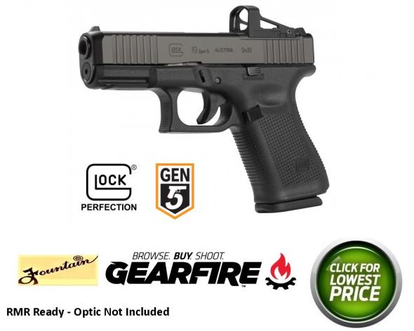 Glock, 19 Gen5 M.O.S., Striker Fired, Compact Size, 9MM, 4.02" Marksman Barrel, Polymer Frame, Matte Finish, Fixed Sights, 15Rd, 3 Magazines, Front Serrations, Ambidextrous Slide Stop Lever, Flared Mag Well, nDLC Finished Slide & Barrel, No Finger Grooves