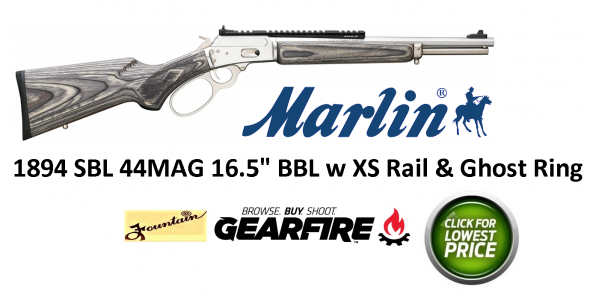 Marlin, 1894SBL, "JURASSIC MINI" , 44 Mag, 16.5" Stainless Steel Barrel, Gray/Black Laminate Stock, Scout Mount, Big Loop Lever, XS Ghost Ring Sights, 6Rd
