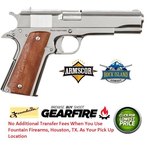 Armscor, Rock Island 1911, Full Size, 38 Super, 5" Barrel, Steel Frame, Polished Nickel Finish, Wood Grips, Fixed Sights, 9Rd