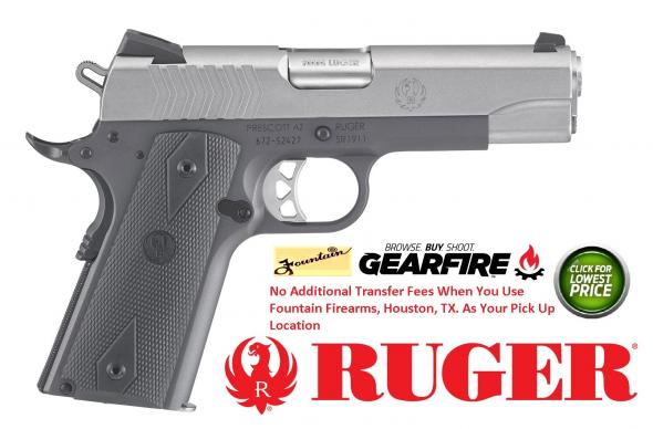 Ruger, SR1911, Commander Size, 9MM, 4.25" Barrel,Stainless Slide, Grey Anodized Aluminum Frame, Rubber Grips, 9Rd, 3 Dot Sights