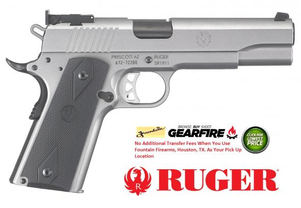 Ruger, SR1911, Full Size, 10MM, 5" Bushingless Stainless Steel Bull Barrel, Matte Stainless Finish, Black Rubber Grips, 2-8Rd Magazines, Extended Thumb Safety, Bomar Style Adjustable Sights