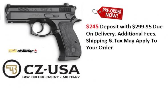 PO Deposit Only: CZ 75 P01 Compact With De-cocker 9mm Luger 3.8 Inch Barrel Black Finish Polycoat 14 Round