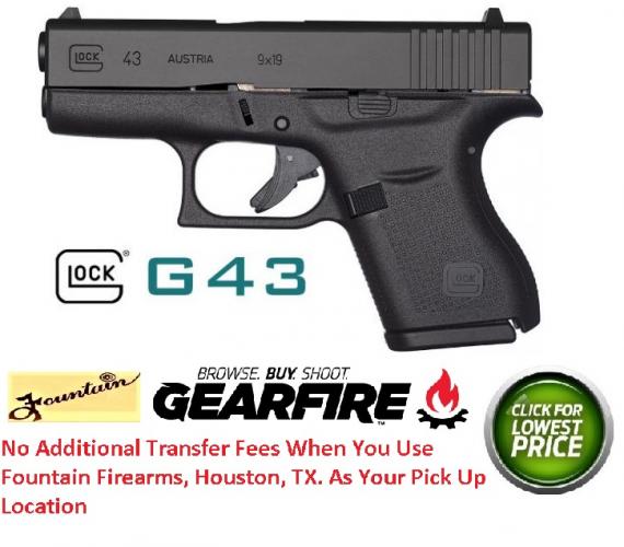 Glock43 9mm Single Stack 3.39 Inch Barrel Fixed Sights Black 6 Round "MADE IN THE USA"