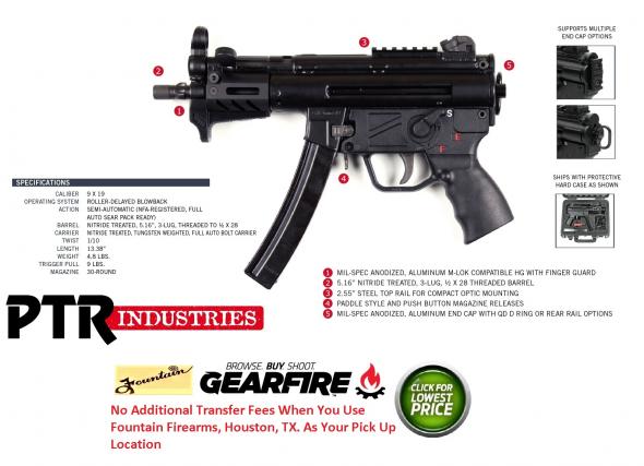 PTR Industries, 9KT, Semi-automatic Pistol, 9MM, 5.83" Threaded Barrel, Steel Frame, Black Finish, 30Rd, 2 Mags, 3 Lug Barrel, Aluminium M-LOK Handguard, Welded Scope Mount