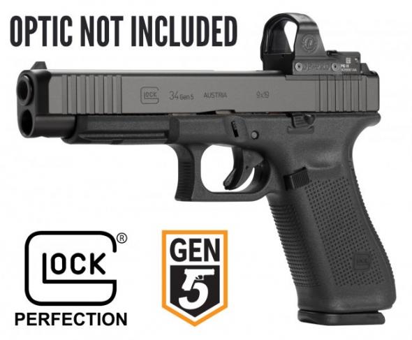 Hot 2019!!! Glock, G34 Gen5, Competition, Striker Fired, Modular Optic System, Full Size, 9MM, 5.31" Marksman Barrel, Polymer Frame, Adjustable Sights, 17+1 Round, 3 Magazines, Front Serrations, Ambidextrous Slide Stop Lever, Flared Mag Well