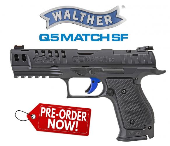 PO DEPOSIT ONLY: Walther, PPQ Q5 Match Steel Frame, Full Size, 9mm, 5" Barrel, Black Finish. Adjustable Rear Sight, Fiber Optic Front, 15Rd, 3 Magazines