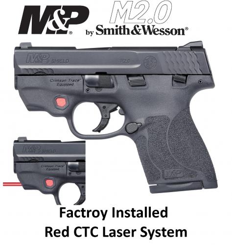 Smith & Wesson, Shield M2.0 w CTC LASER, Semi-automatic Pistol, Striker Fired, Compact Frame, 9MM, 3.1" Barrel, Polymer Frame, Black Finish, 2 Magazines (1-7Rd & 1-8Rd), Crimson Trace Laser, Thumb Safety, Fixed Sights