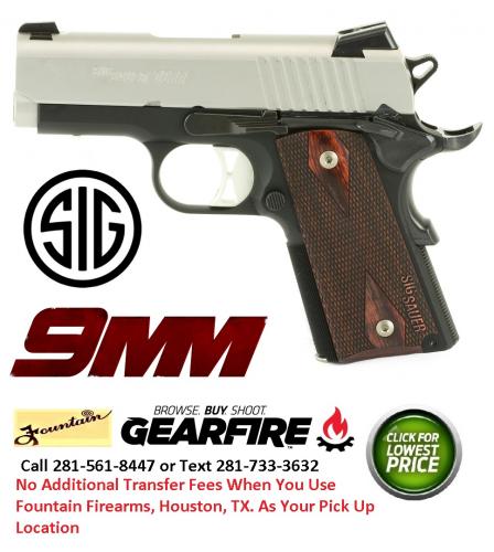 Sig Sauer 1911, Ultra Compact, 9MM, 3.3" Barrel, Aluminum Frame, Duo Tone Finish, Rosewood Grips, 8Rd, 2 Mags, Night Sights 1911UT-9-TSS