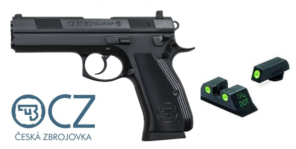 CZ 97-BD 45ACP w Night Sights, 4.65" Cold Hammer Forged Barrel, Steel Frame, Black Finish, Decocker, Aluminum Grips, 2 Magazines, 10 Rounds