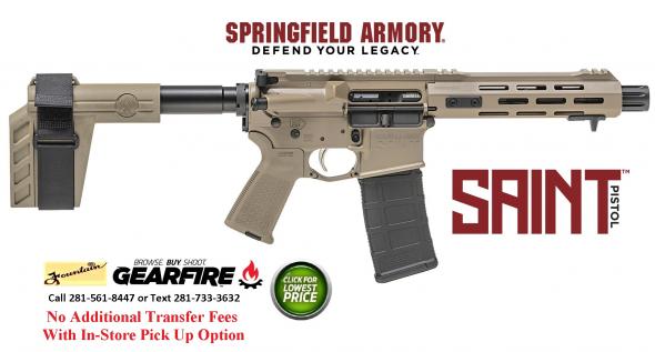 Super Hot 2019!!! Springfield, Saint Pistol, Semi-Automatic, 223 Rem/556NATO, 7.5" Barrel, Aluminum Frame, Flat Dark Earth Finish, 30 Round, SB Tactical Stabilizing Brace, MLOK Compatible Handguard, Magpul MOE Pistol Grip
