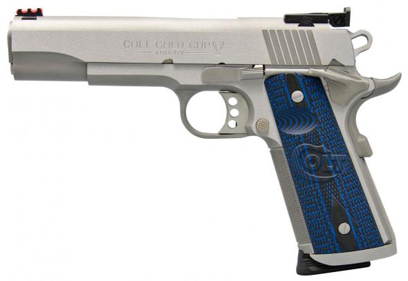 colt gold cup trophy 45 acp single 5" barrel, 8+1 round, blue g10 w/logo grip stainless steel slide