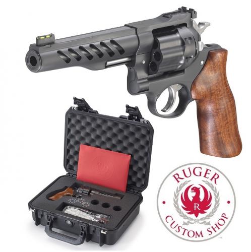 Super Hot 2019!! Custom Shop Ruger Super GP100 357 Magnum, 5.5" Cold Hammer Forged Barrel, Stainless Steel Frame, Black PVD Coated Finish, Hogue Hardwood Grip, 8 Round, 3 Moon Clips, Weighs 47oz, Fiber Optic Site