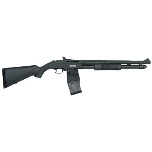 mossberg, 590m, mag-fed, pump action shotgun, 18.5" barrel, heat shield, 3" chamber, accuchoke, matte blued finish, synthetic stock, ghost-ring...