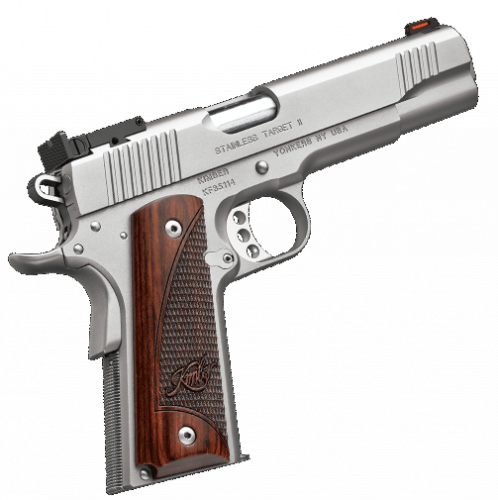 kimber, stainless target ii, semi-auto, 45 acp, 5" barrel, 7+1 round, fiber optic front sight, rosewood grips