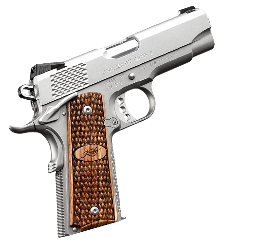 kimber, stainless pro raptor ii, semi-auto, 45 acp, 4" barrel, 8+1 round, tritium night sights, zebrawood grips