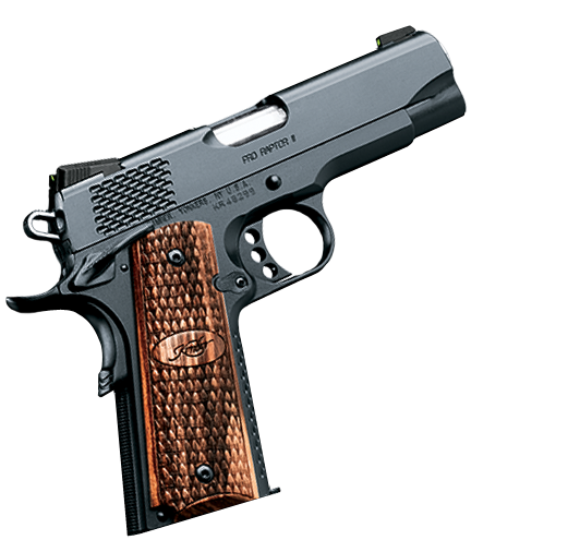 kimber, pro raptor ii, semi-auto, 45 acp, 4" barrel, 8+1 round, tritium night sights, zebra wood grips, matte black finish