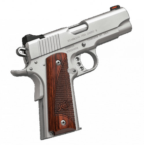 kimber, stainless pro carry ii, semi-auto, 45 acp, 4" barrel, 7+1 round, fixed low profile fiber optic front sight, rosewood grips