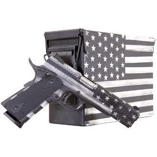 citadel m-1911 with ammo can 45 acp single 5" barrel, 8+1 round, black g10 grip american flag battleworn gray cerakote slide