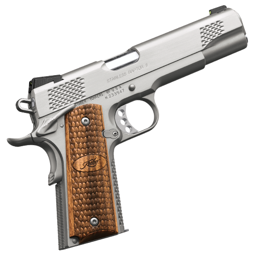kimber, stainless raptor ii, semi-auto, 45 acp, 5" barrel, 8+1 round, night sights, zebrawood grips